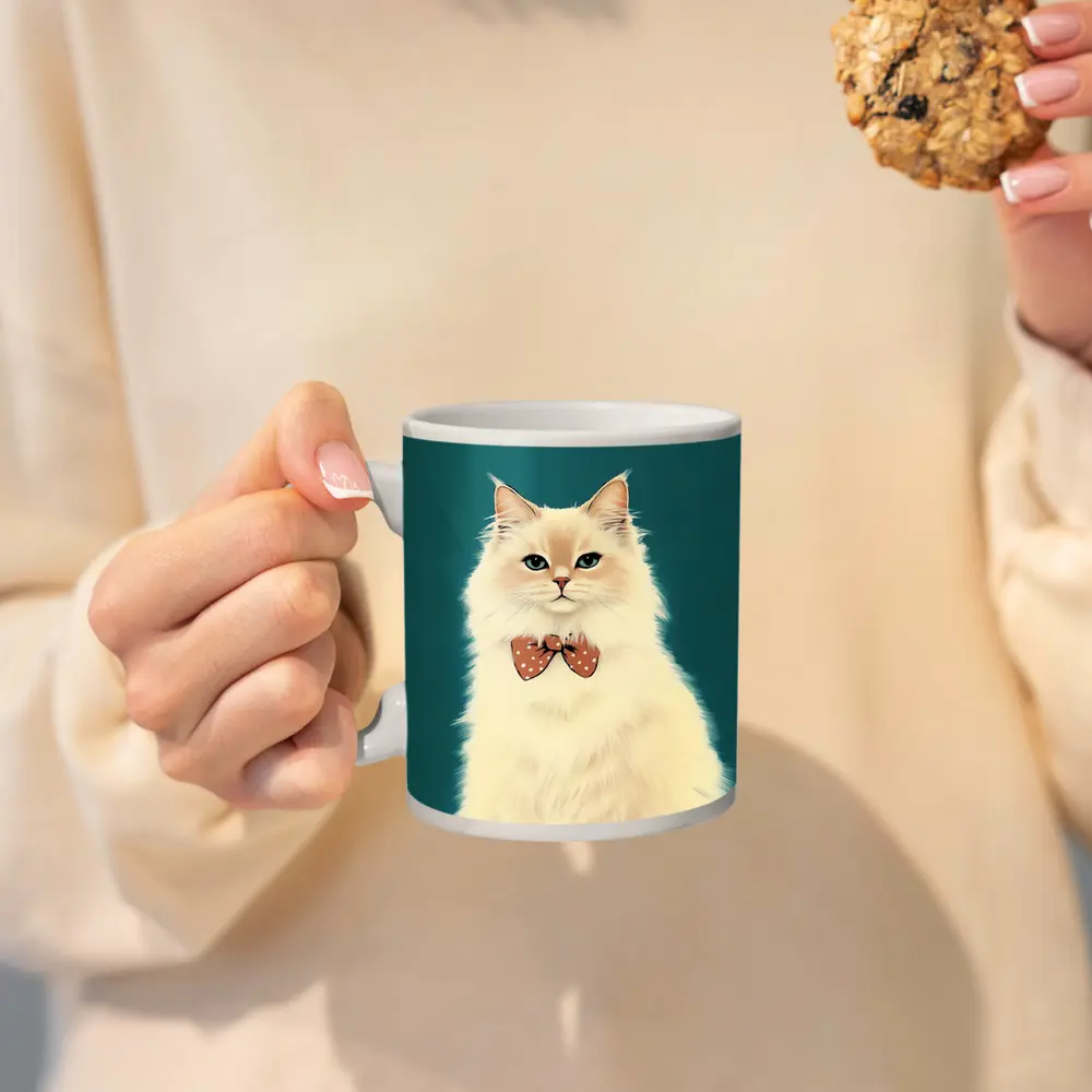 Fluffy White Cat Bow Tie Teal Background – Mugs