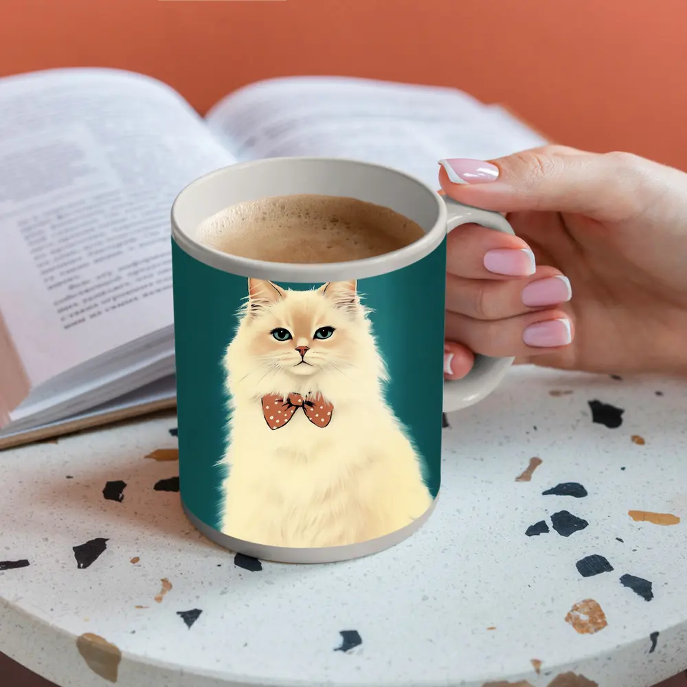 Fluffy White Cat Bow Tie Teal Background – Mugs