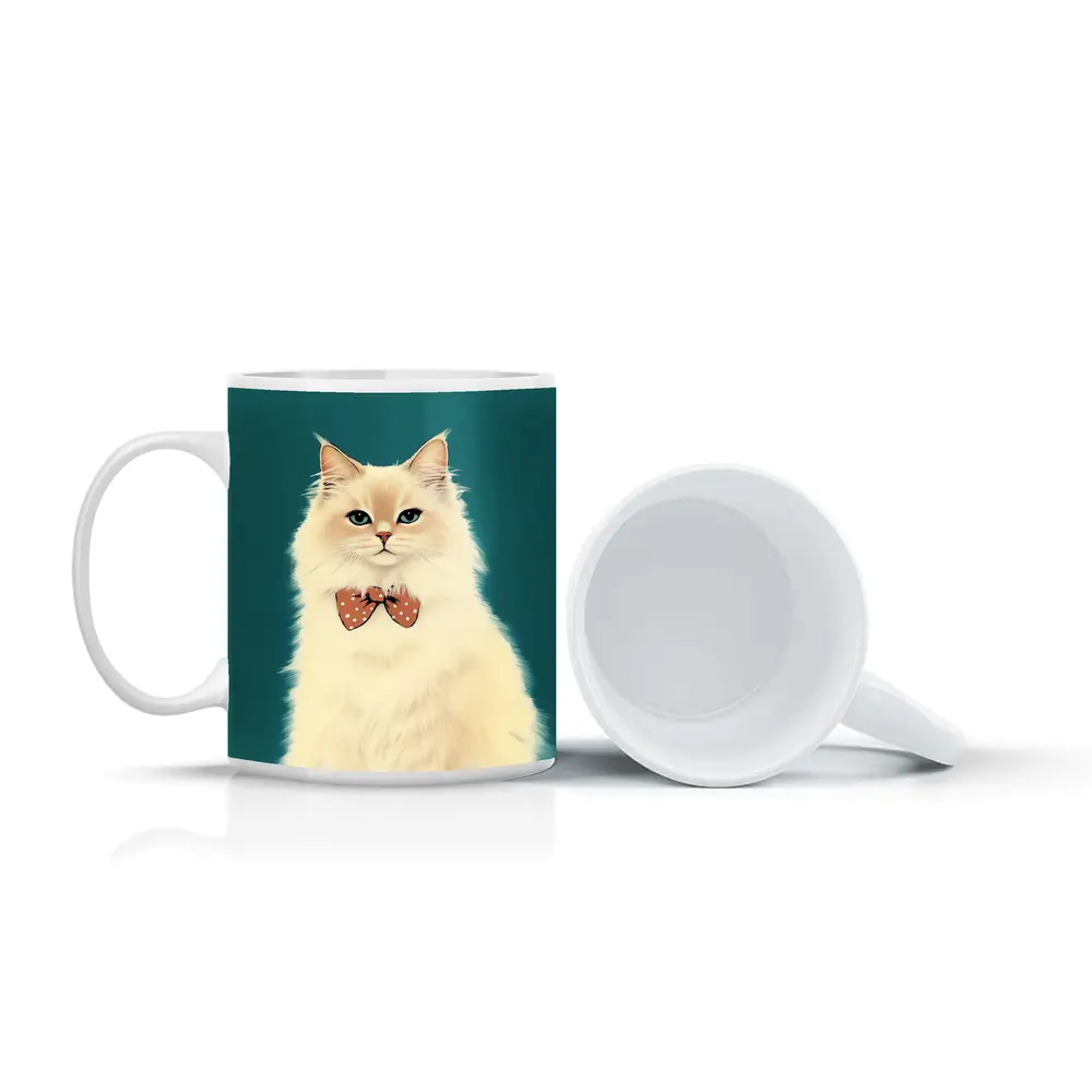Fluffy White Cat Bow Tie Teal Background – Mugs