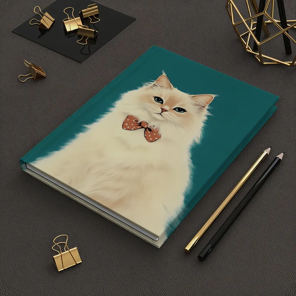 Fluffy White Cat Bow Tie Teal Background – Notebooks
