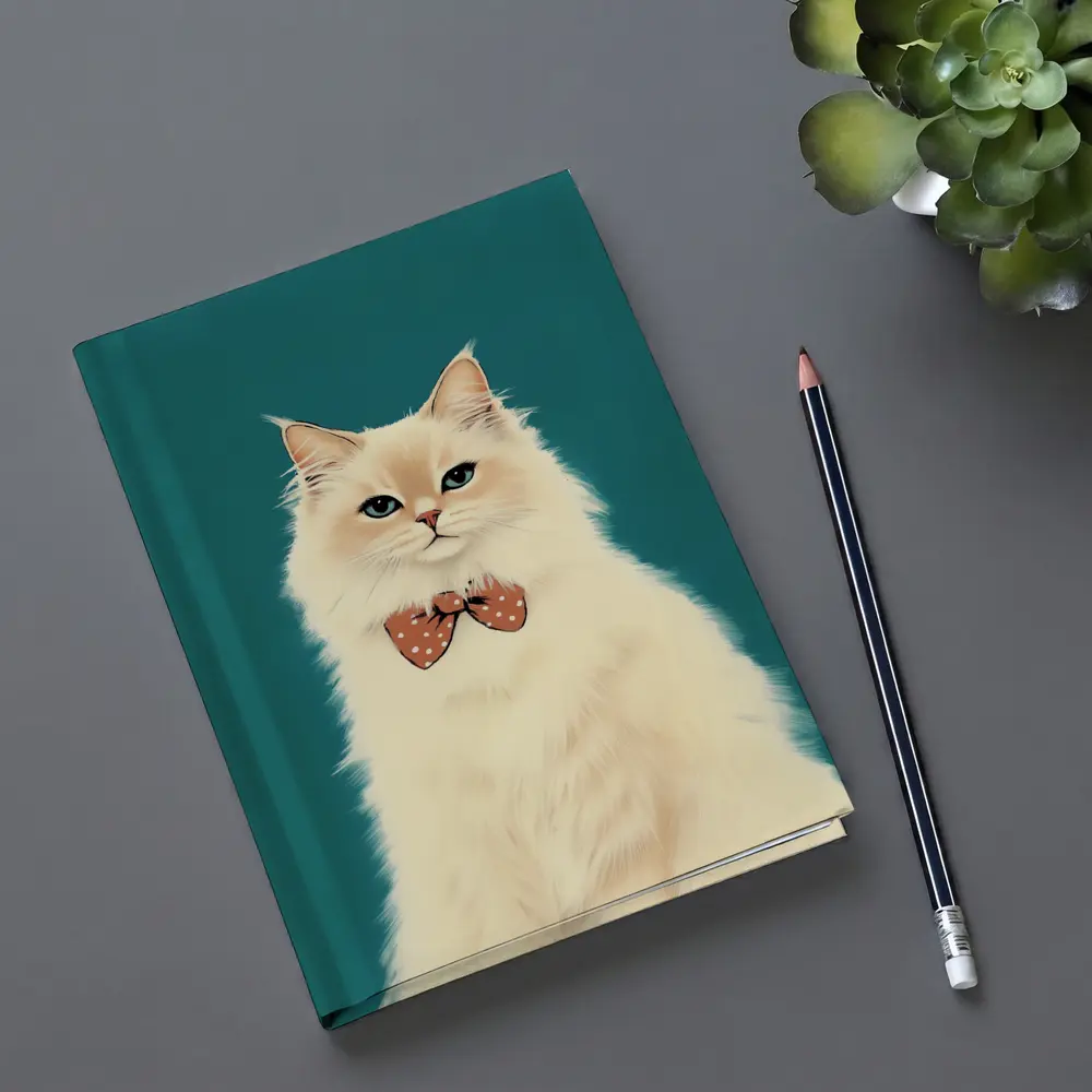 Fluffy White Cat Bow Tie Teal Background – Notebooks