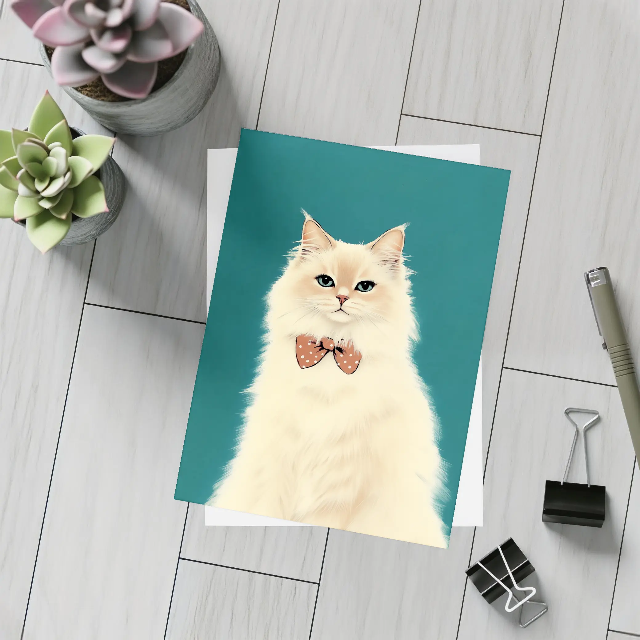 Fluffy White Cat Bow Tie Teal Background – Postcards