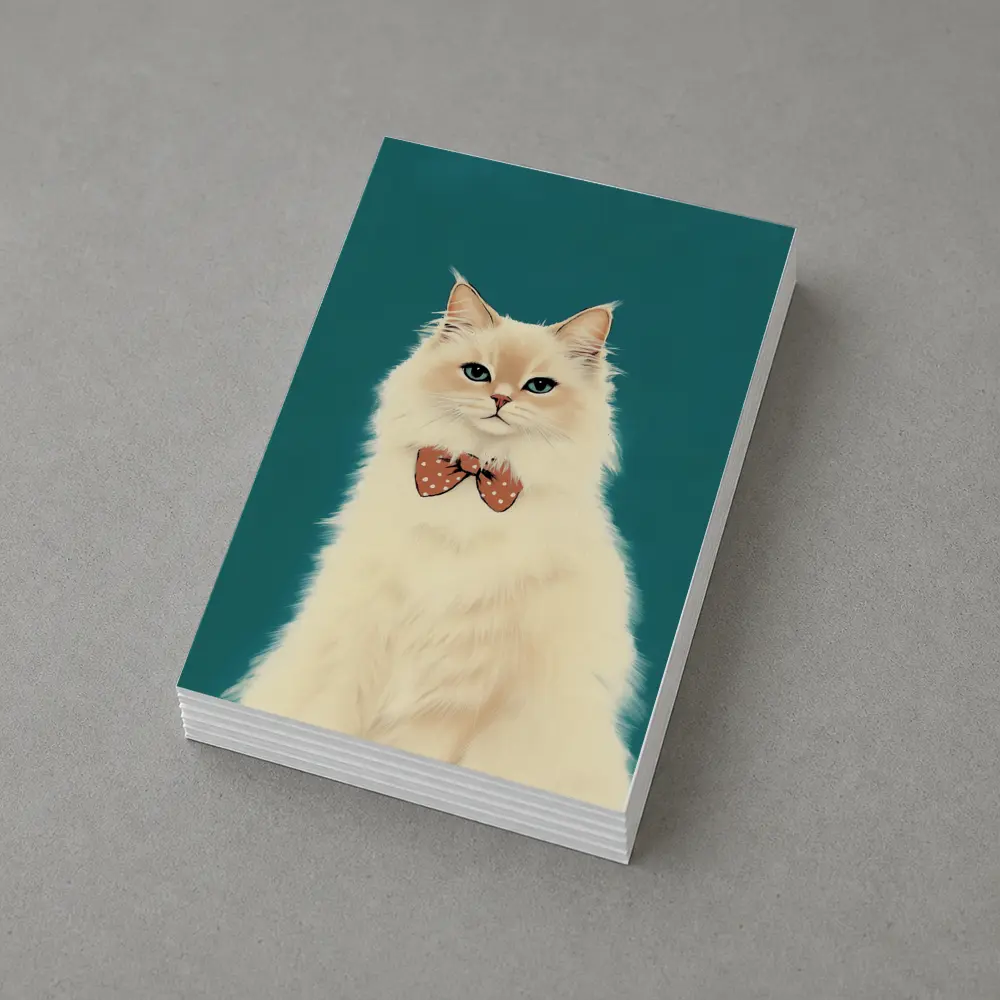 Fluffy White Cat Bow Tie Teal Background – Postcards