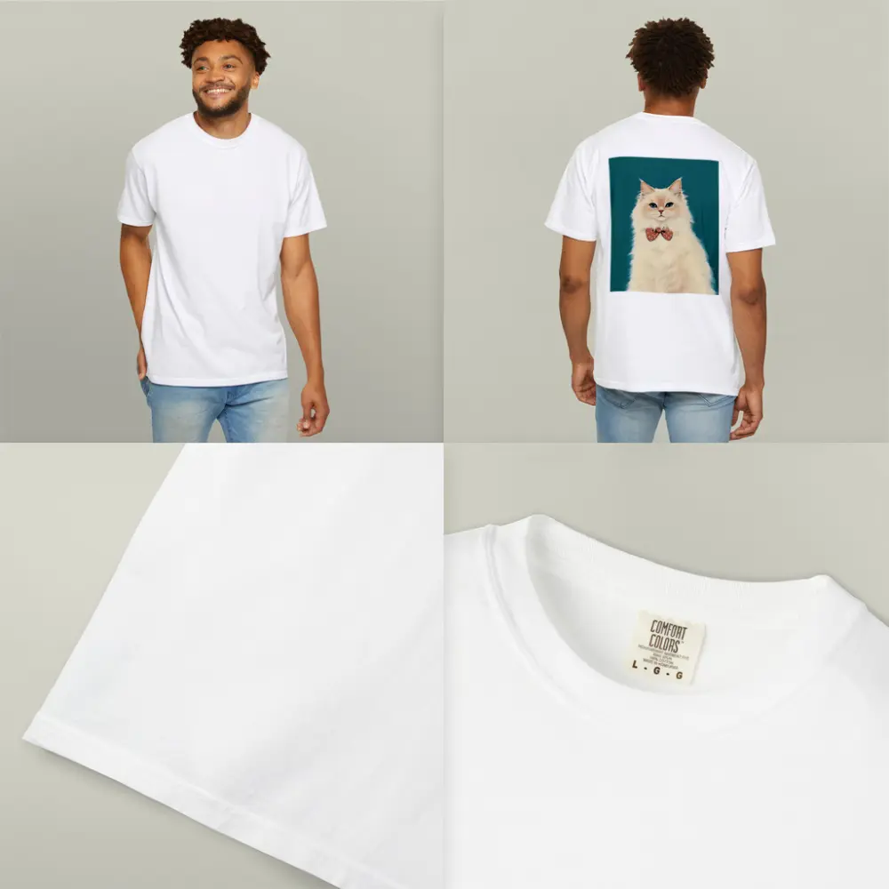 Fluffy White Cat Bow Tie Teal Background – T-Shirts