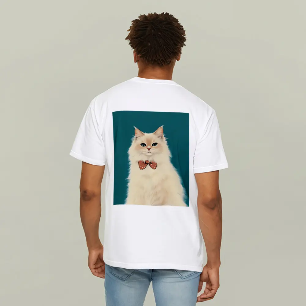 Fluffy White Cat Bow Tie Teal Background – T-Shirts