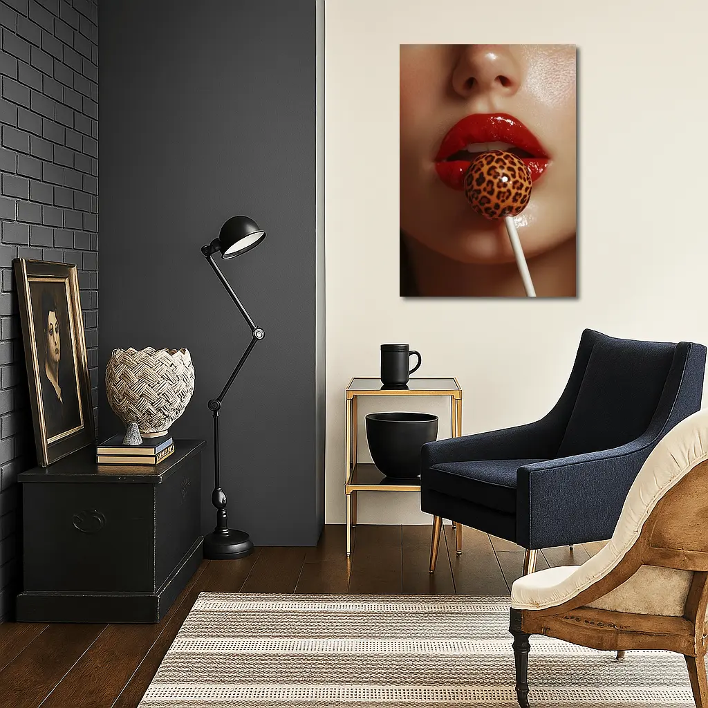 Red Lips Leopard Print Lollipop Close Up – Wall Art