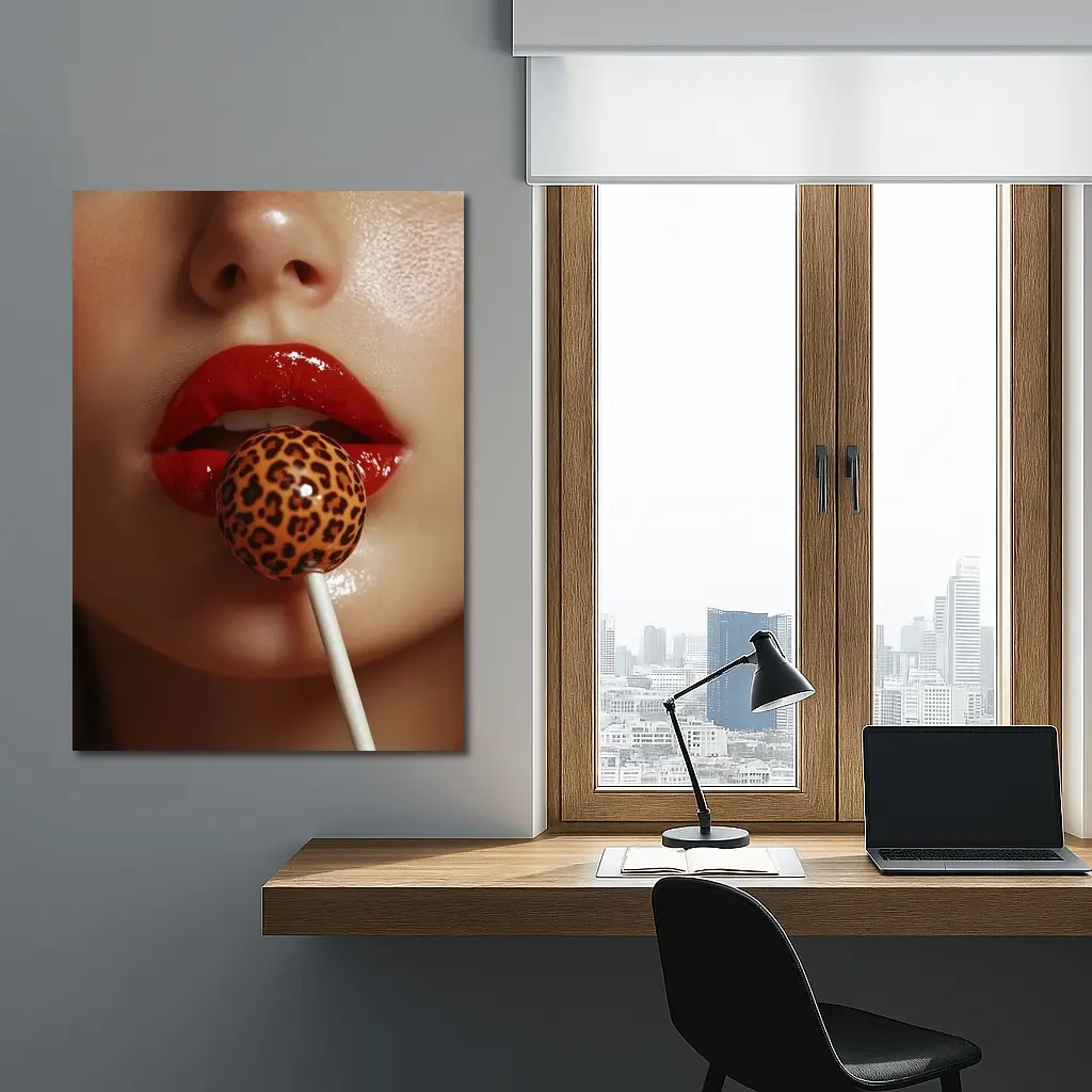 Red Lips Leopard Print Lollipop Close Up – Wall Art