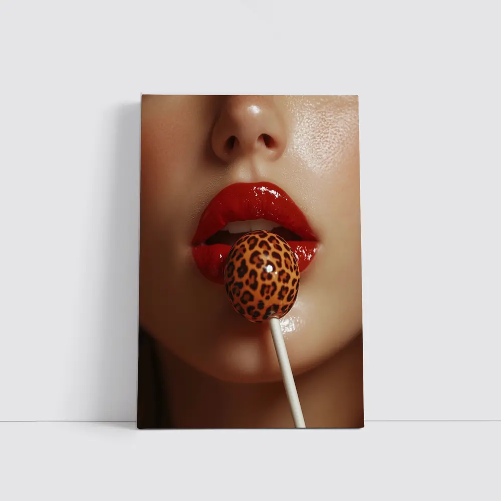 Red Lips Leopard Print Lollipop Close Up – Wall Art