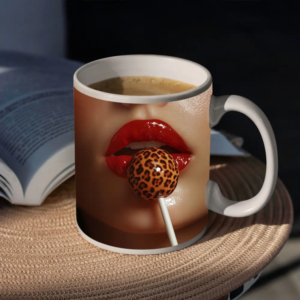 Red Lips Leopard Print Lollipop Close Up – Mugs