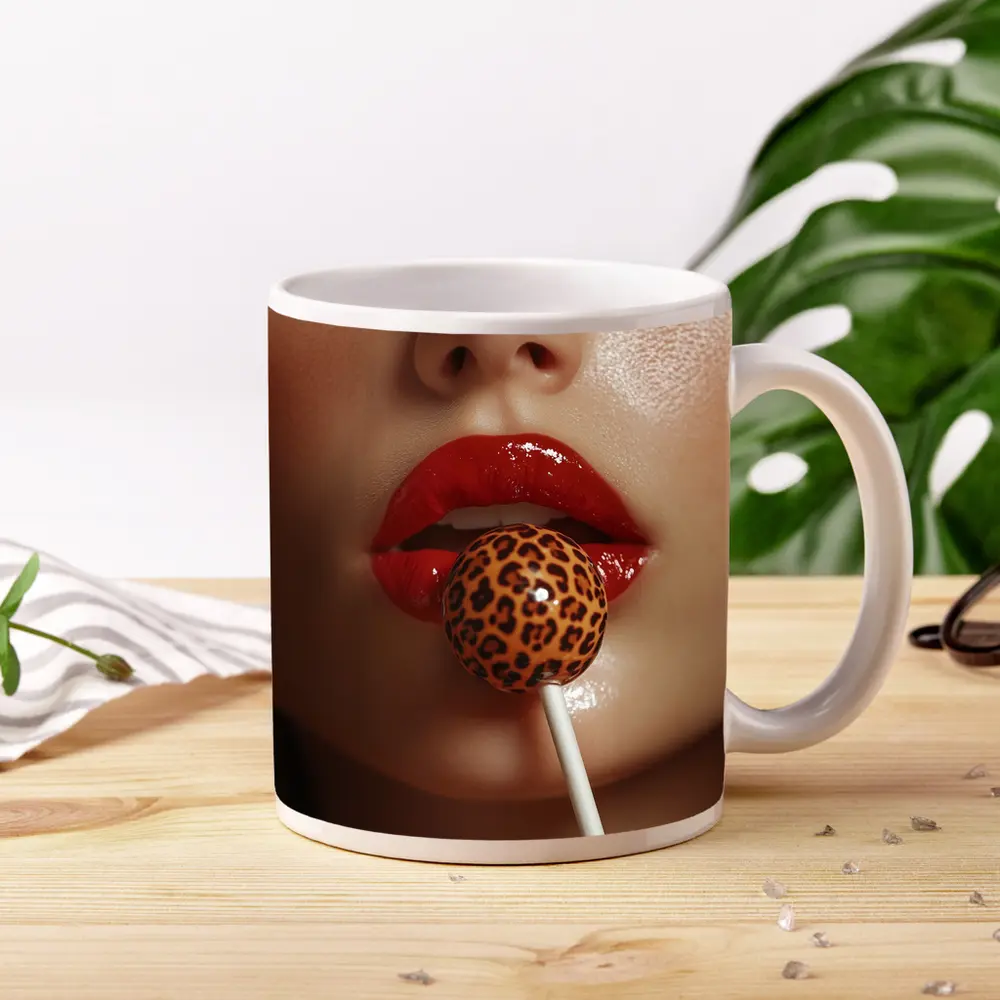 Red Lips Leopard Print Lollipop Close Up – Mugs