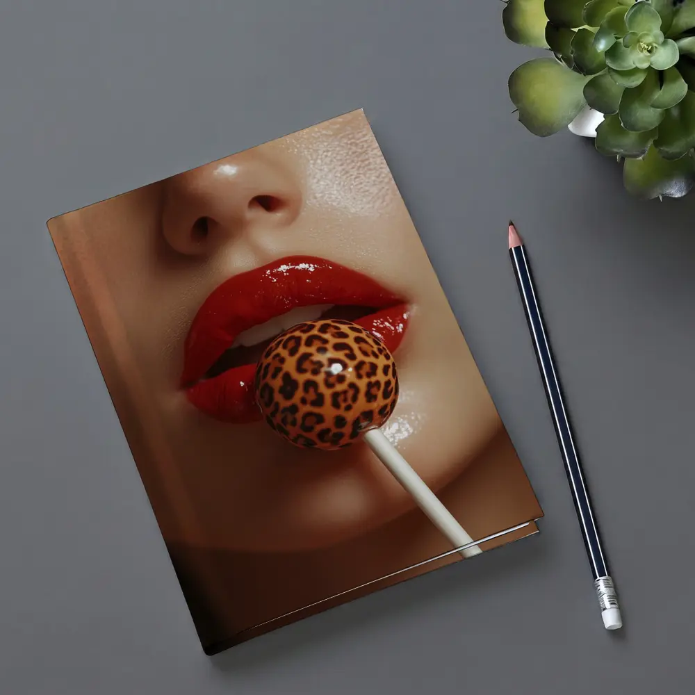 Red Lips Leopard Print Lollipop Close Up – Notebooks