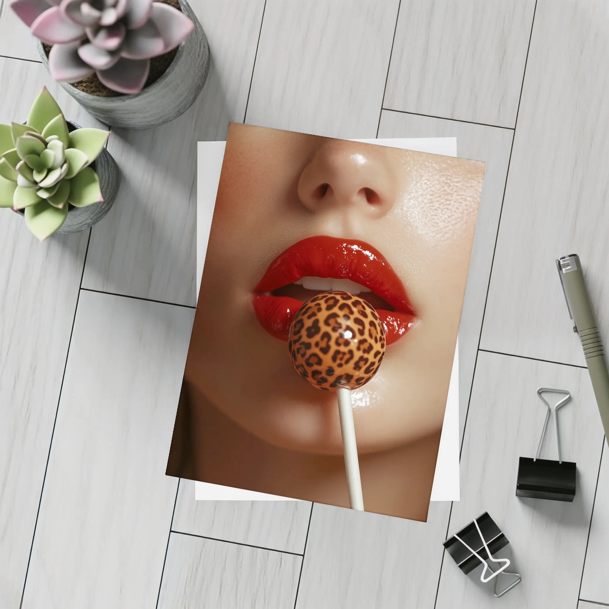 Red Lips Leopard Print Lollipop Close Up – Postcards