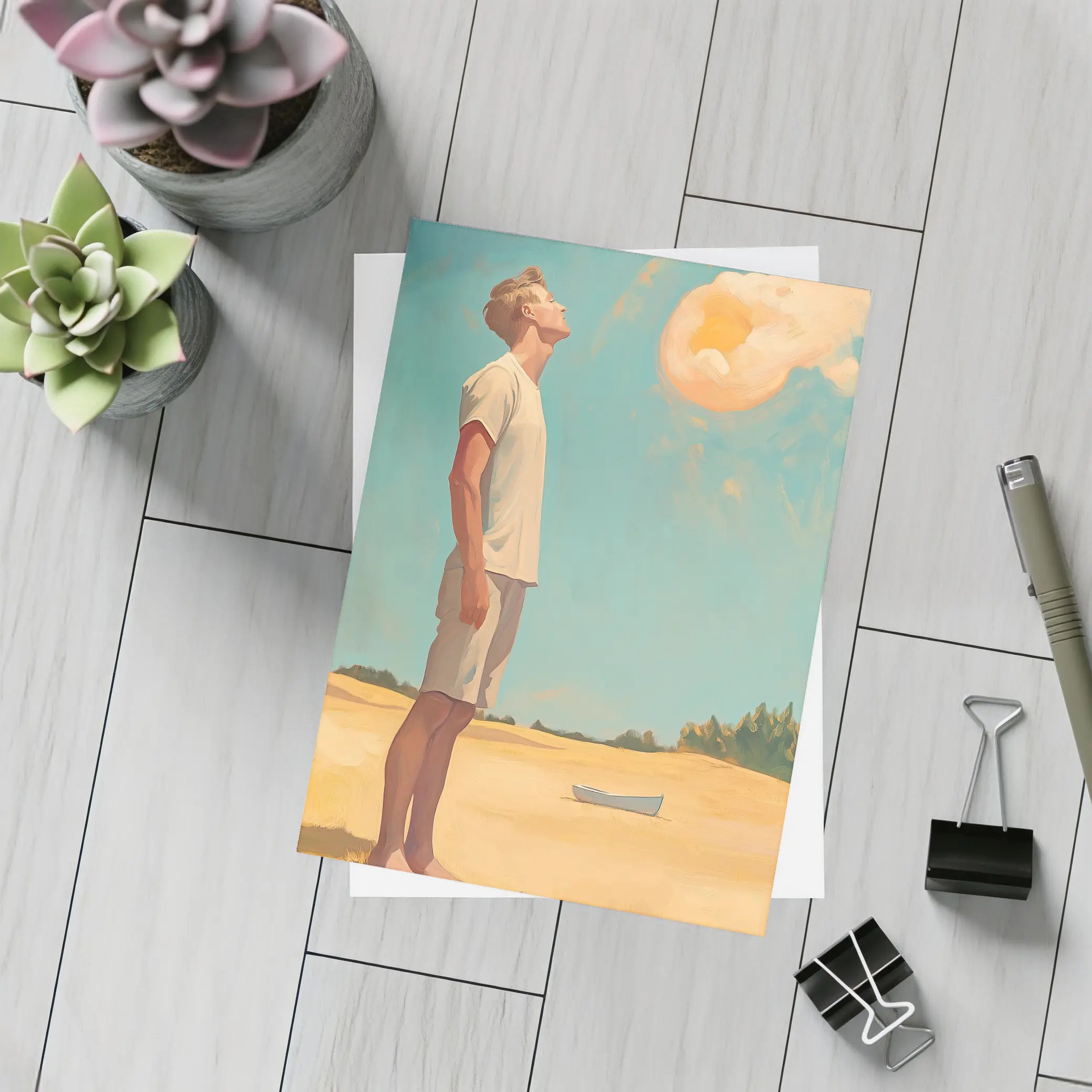 Young Man Looking Up Summer Sky Painting – Postcards