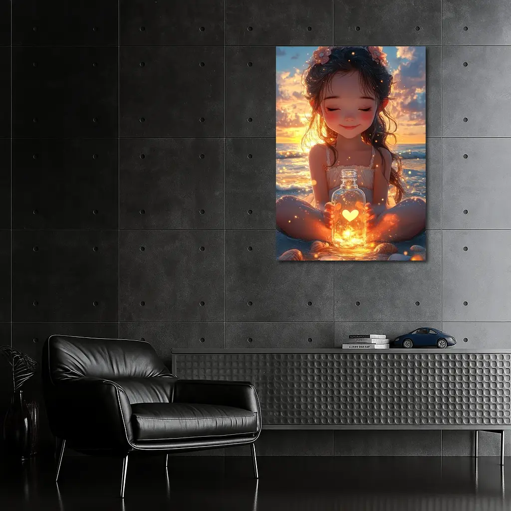 Anime Girl Glowing Heart Jar Beach Sunset – Wall Art