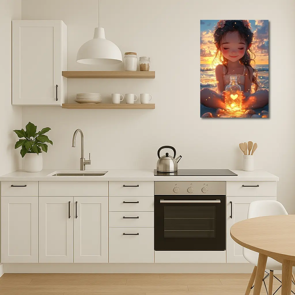 Anime Girl Glowing Heart Jar Beach Sunset – Wall Art