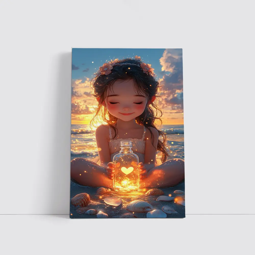 Anime Girl Glowing Heart Jar Beach Sunset – Wall Art