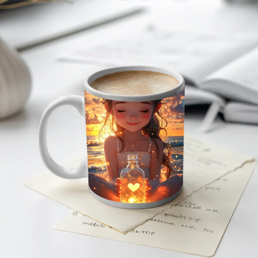 Anime Girl Glowing Heart Jar Beach Sunset – Mugs
