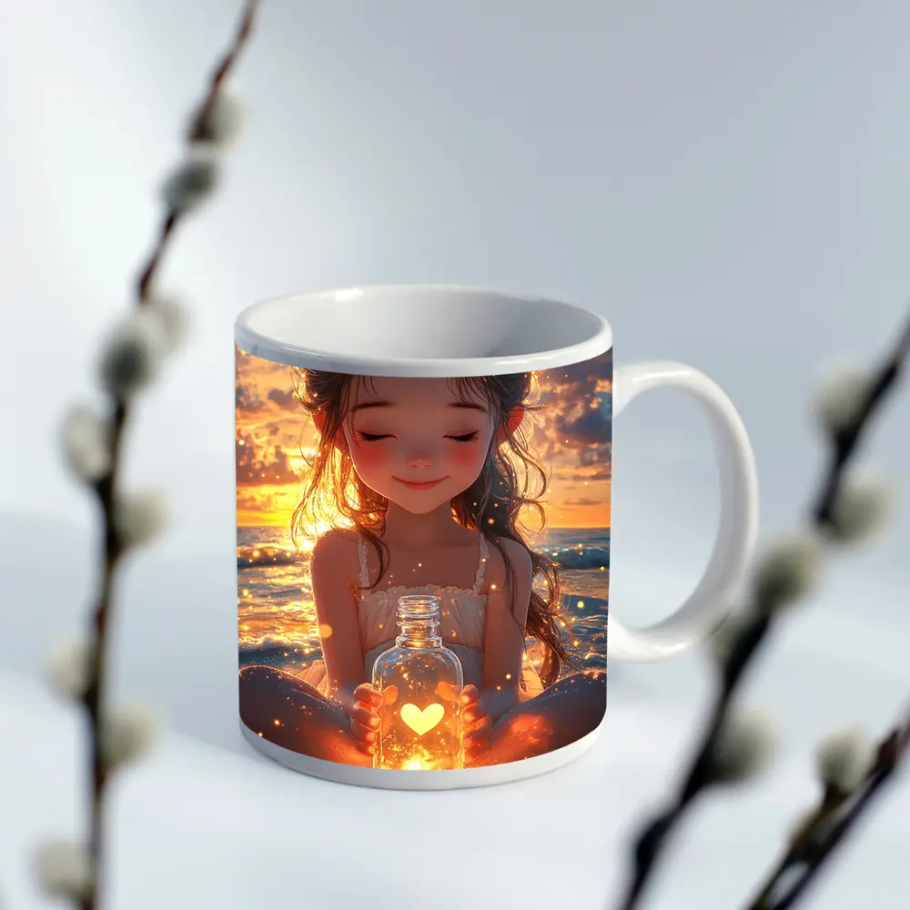 Anime Girl Glowing Heart Jar Beach Sunset – Mugs