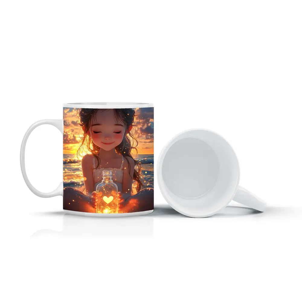 Anime Girl Glowing Heart Jar Beach Sunset – Mugs
