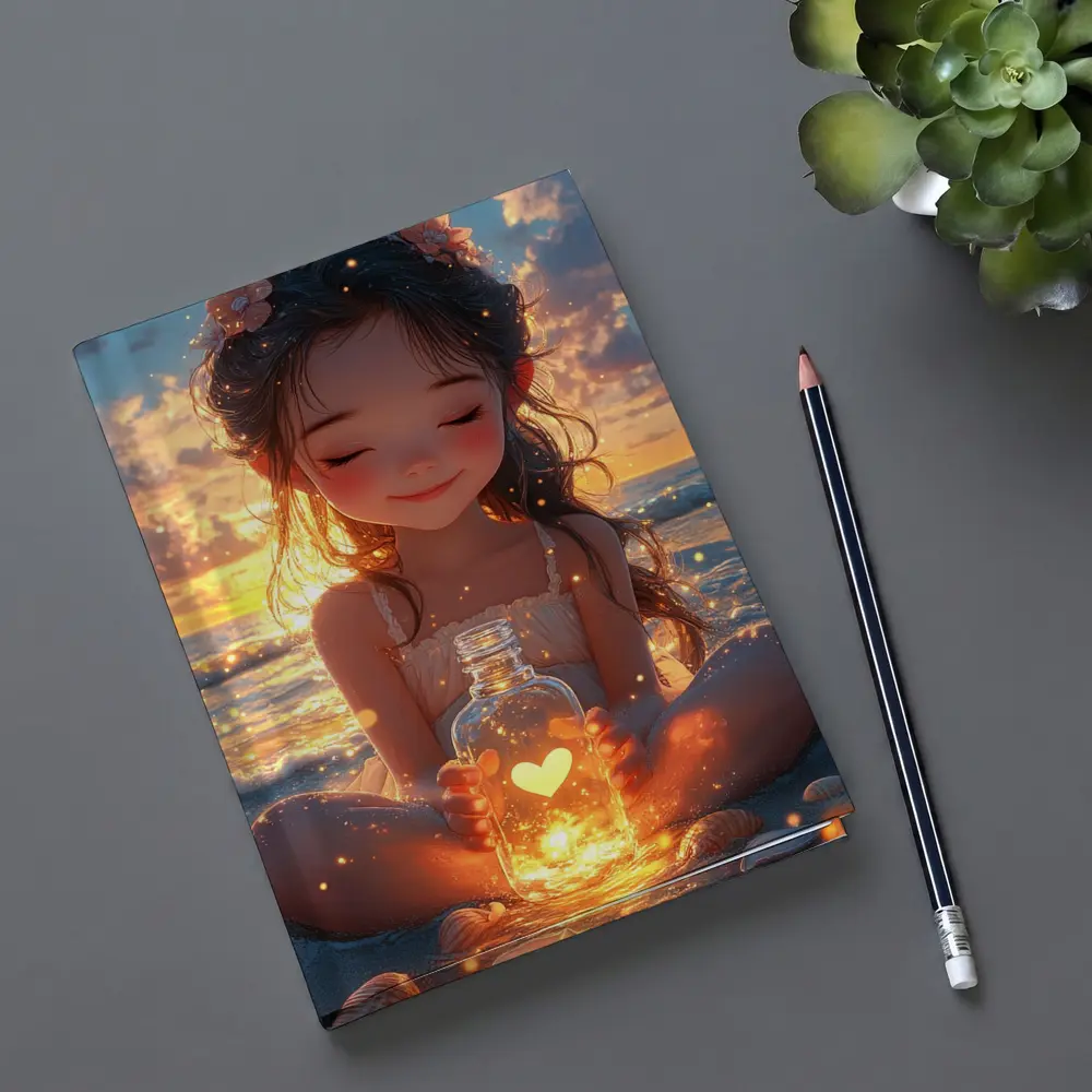 Anime Girl Glowing Heart Jar Beach Sunset – Notebooks