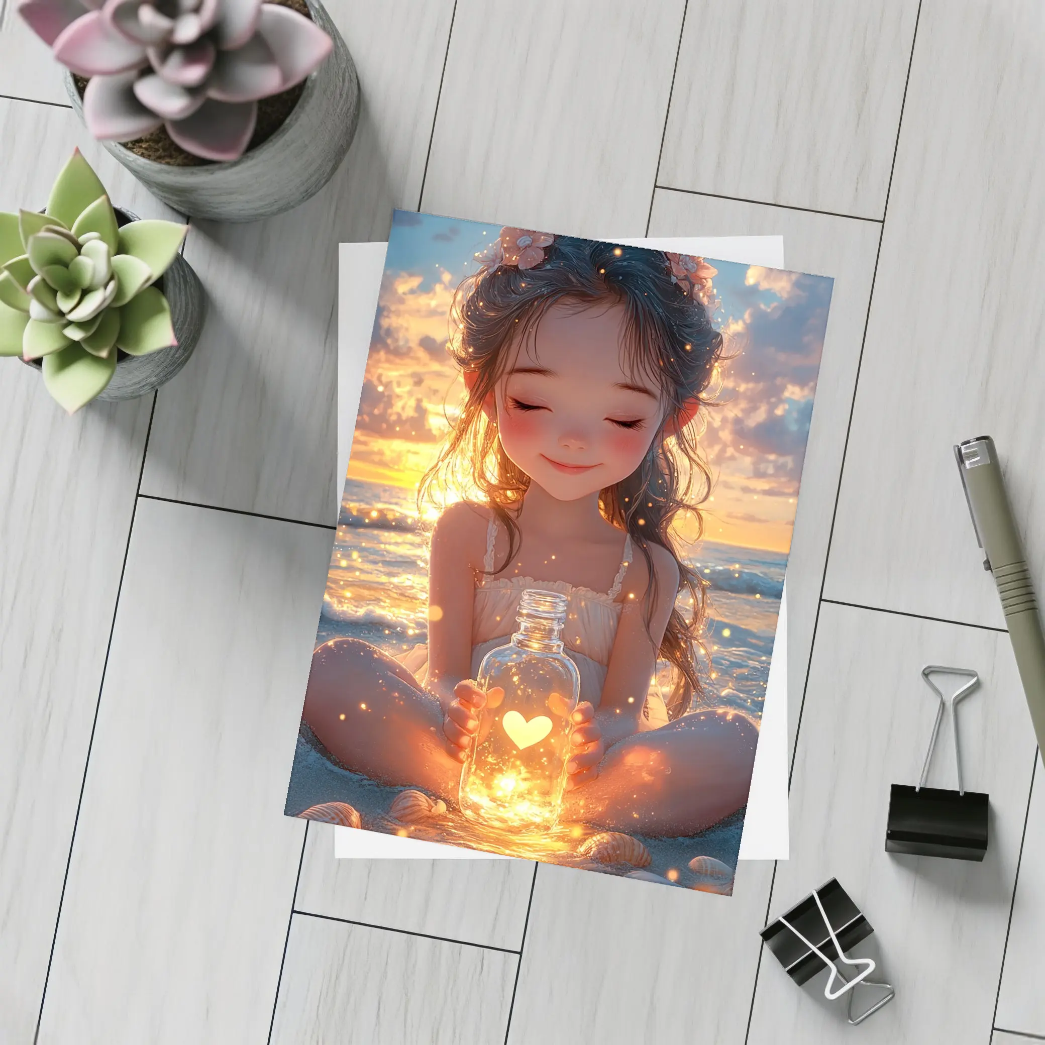 Anime Girl Glowing Heart Jar Beach Sunset – Postcards