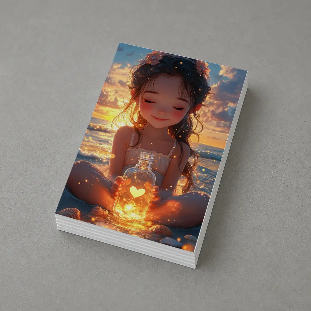 Anime Girl Glowing Heart Jar Beach Sunset – Postcards
