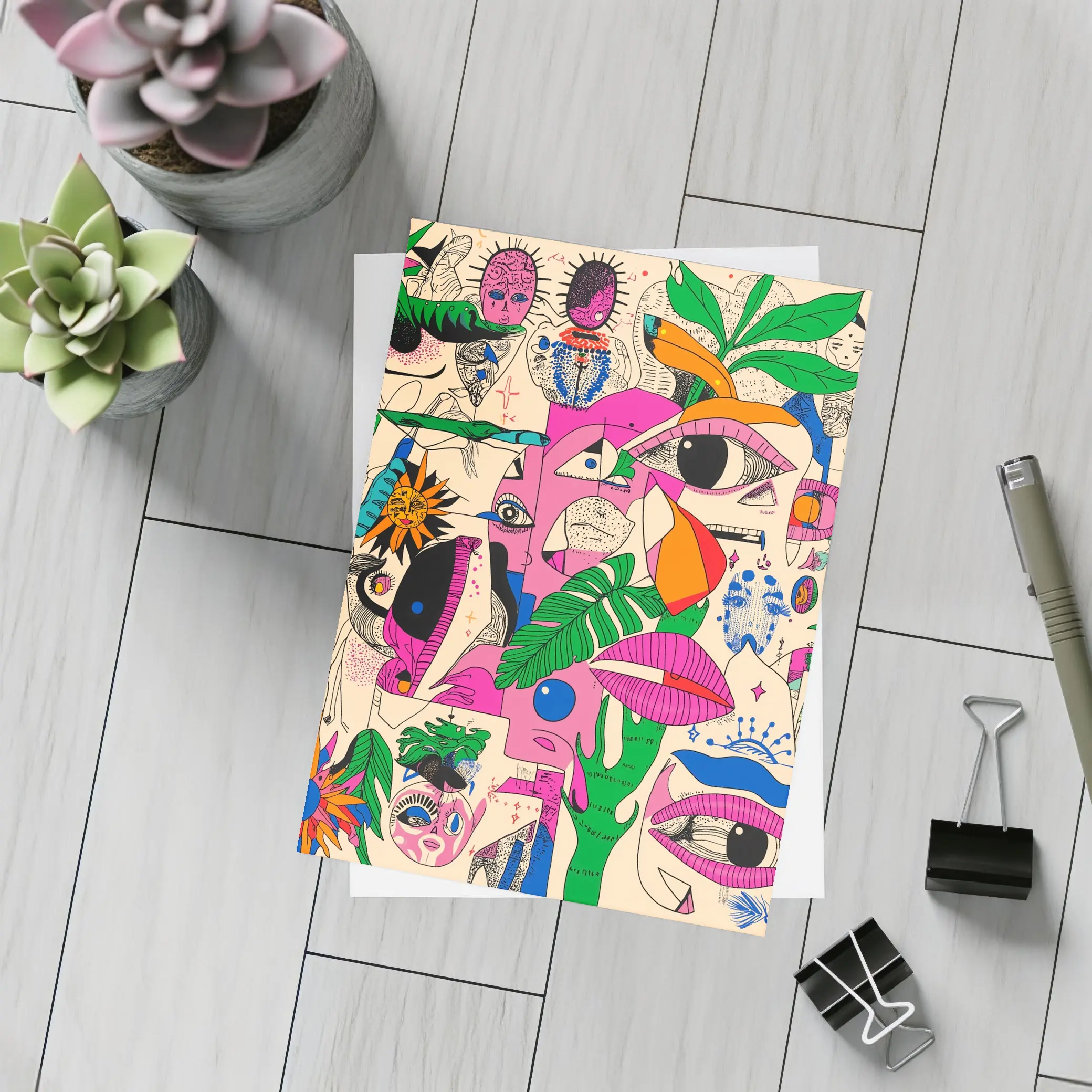 Surreal Psychedelic Faces Plants Abstract Pop Art – Postcards
