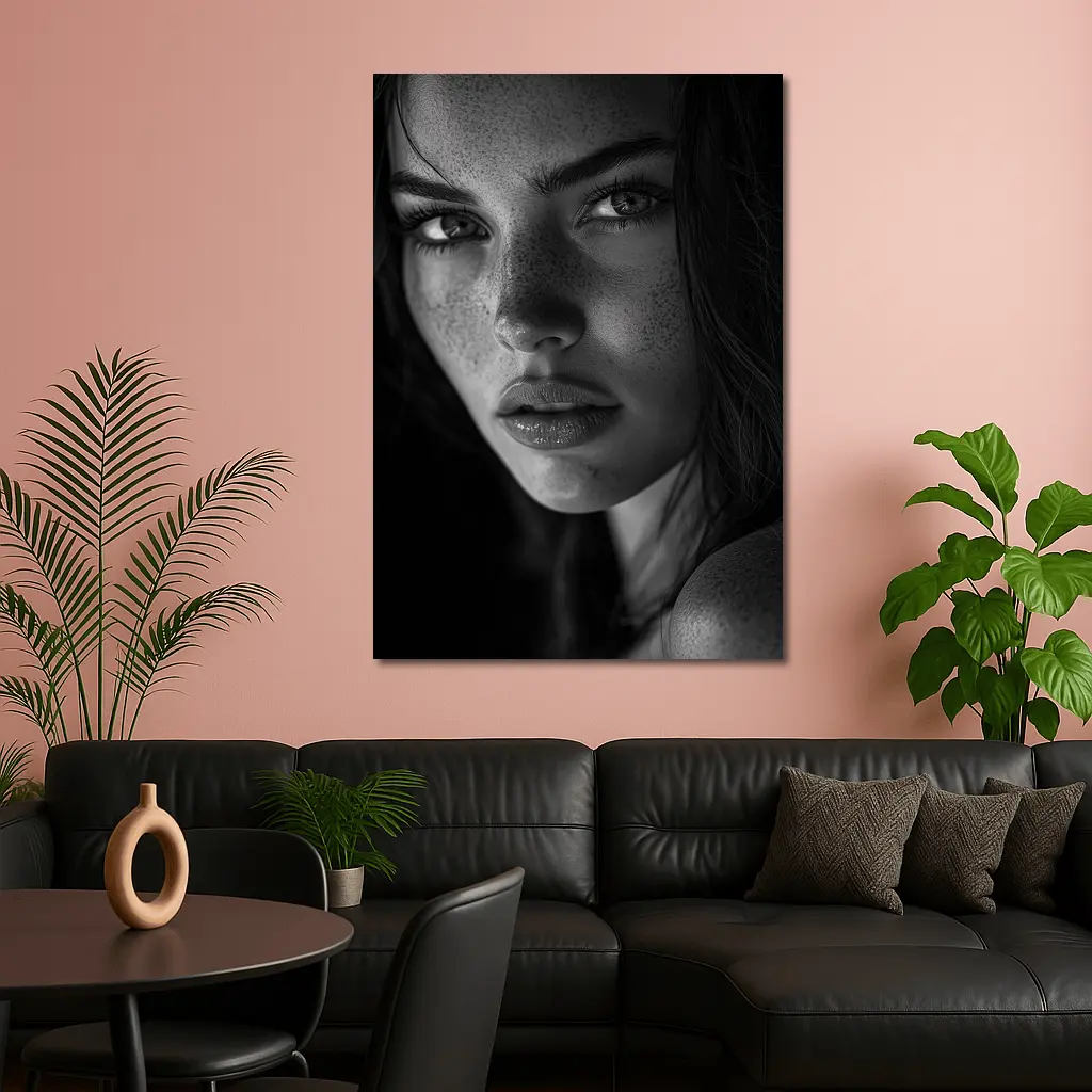 Black and White Woman Portrait with Freckles – Wall Art