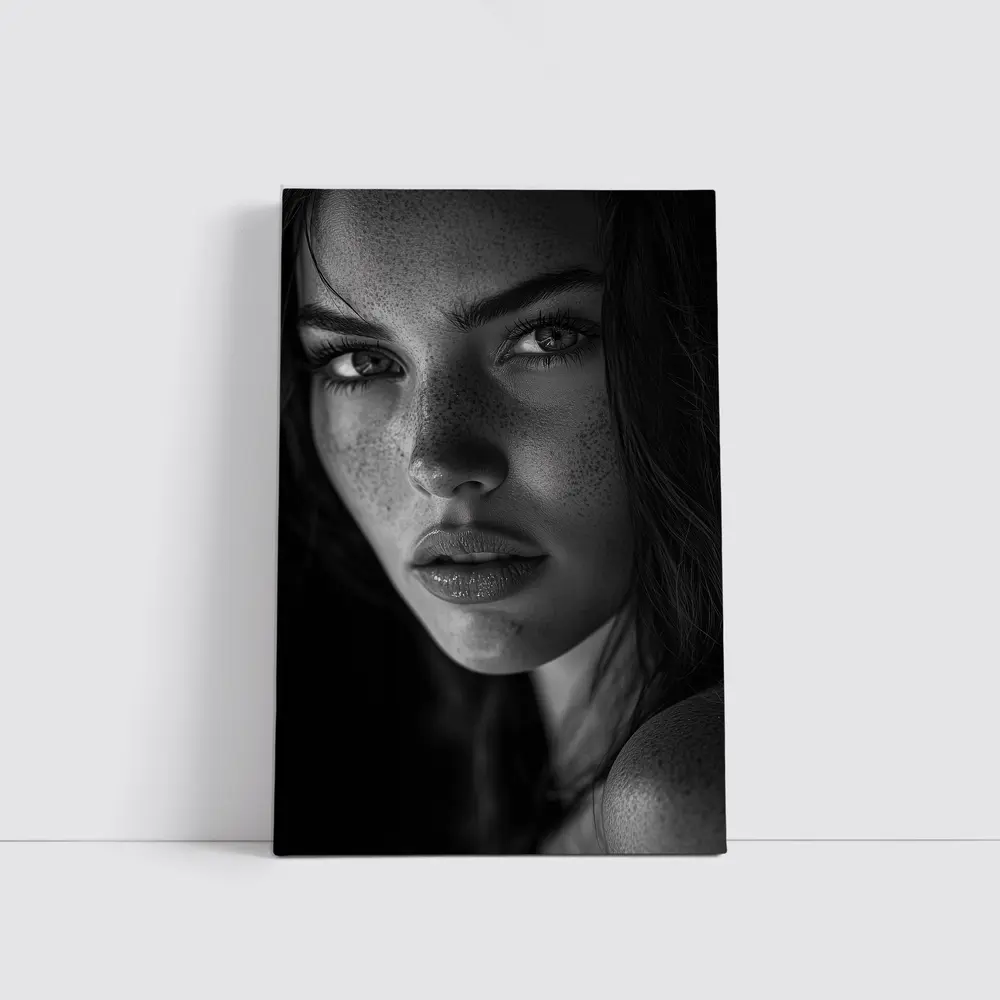 Black and White Woman Portrait with Freckles – Wall Art