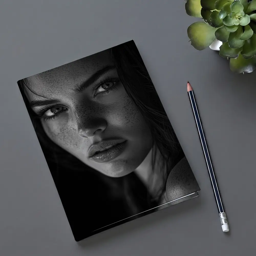 Black and White Woman Portrait with Freckles – Notebooks