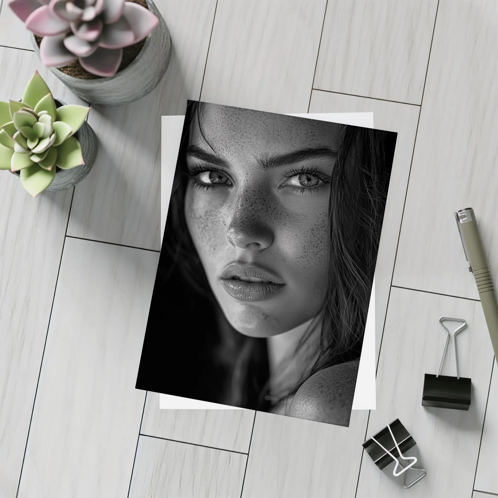 Black and White Woman Portrait with Freckles – Postcards