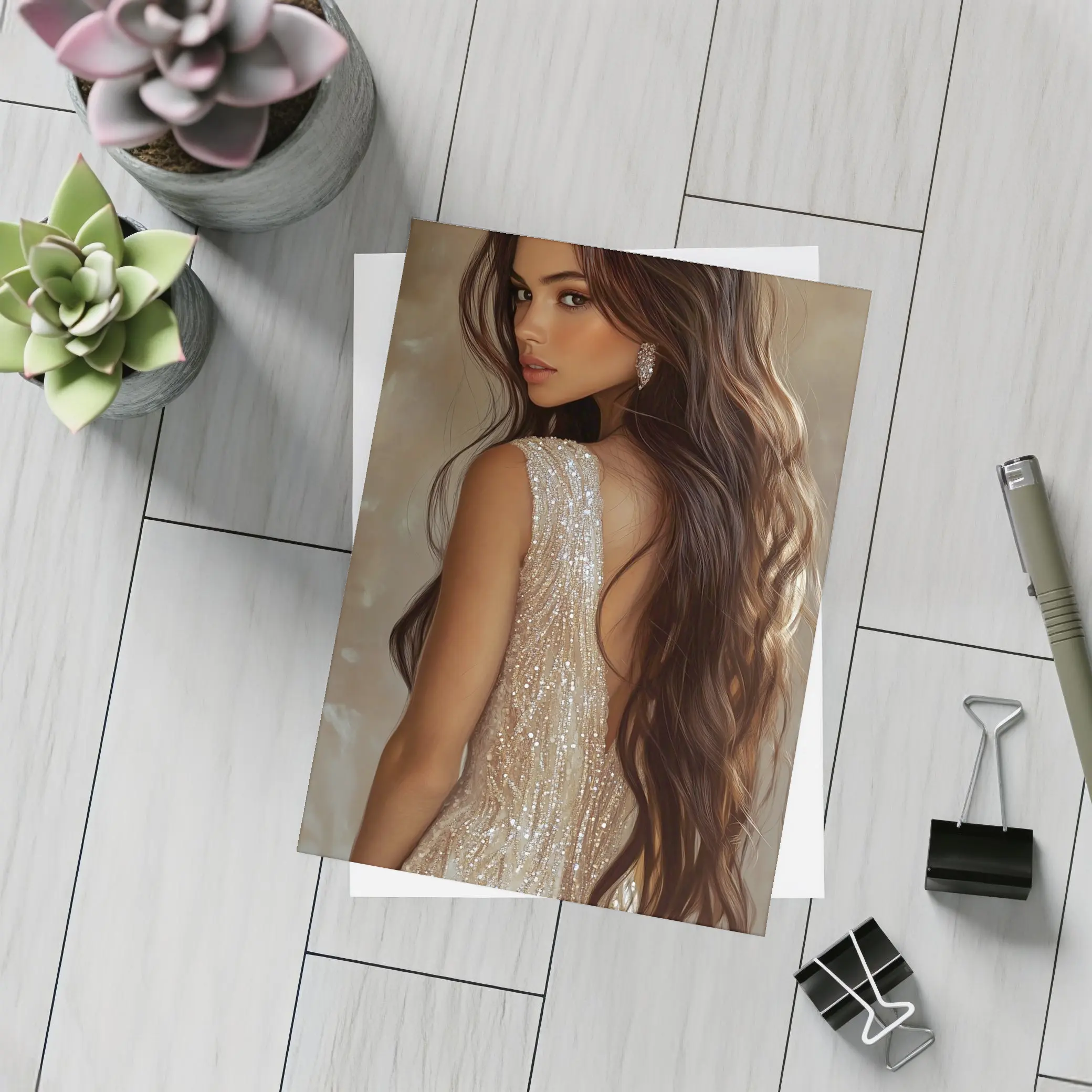 Elegant Woman Glitter Dress Digital Art – Postcards