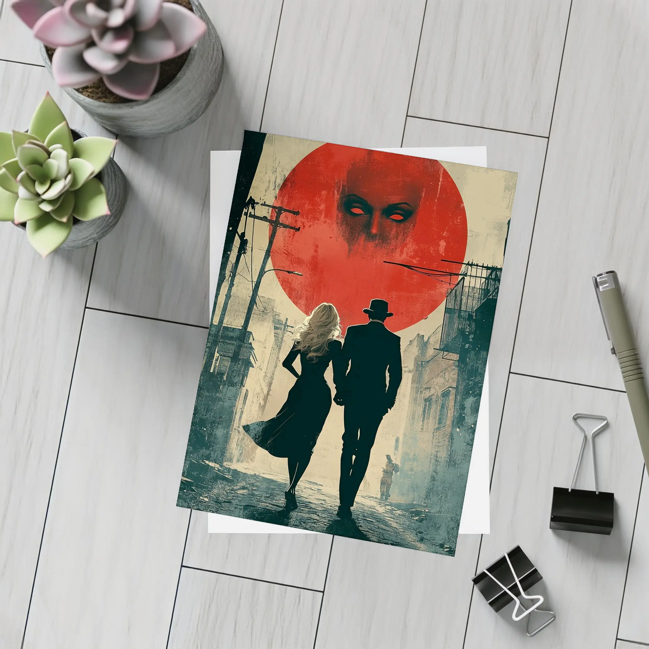 Dark Noir Couple Red Moon Horror – Postcards
