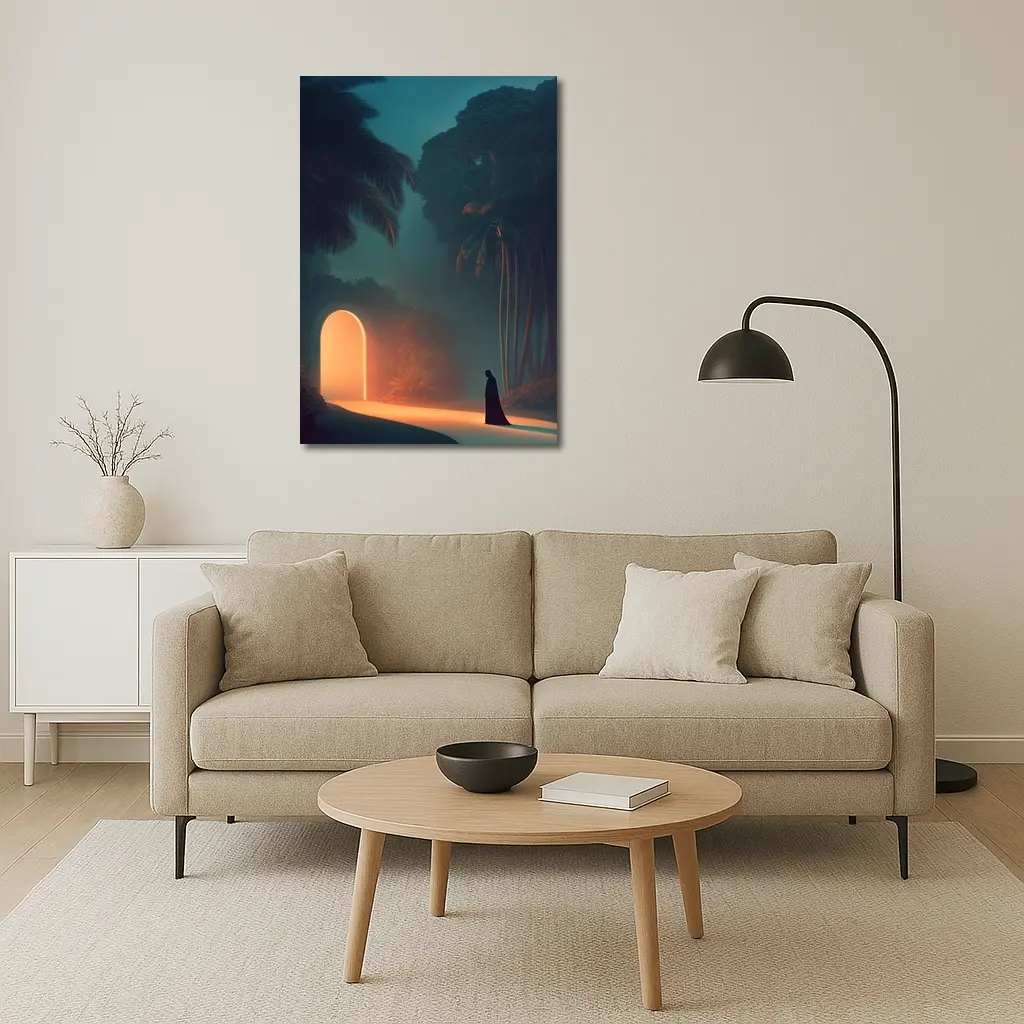 Cloaked Figure Glowing Arch Tropical Night – Wall Art