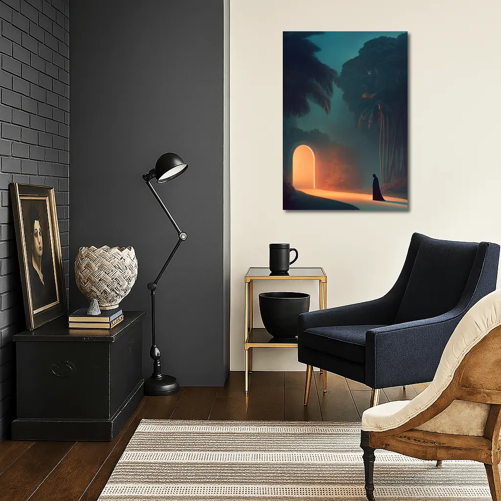 Cloaked Figure Glowing Arch Tropical Night – Wall Art