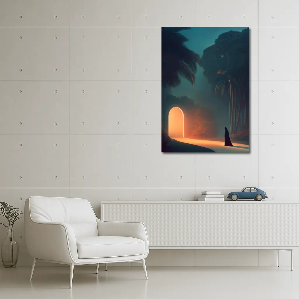 Cloaked Figure Glowing Arch Tropical Night – Wall Art