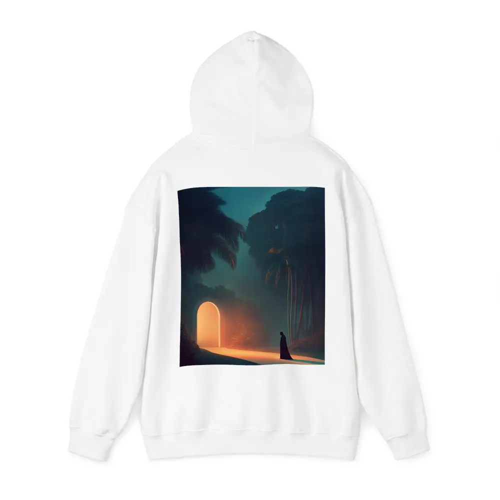 Cloaked Figure Glowing Arch Tropical Night – Hoodies