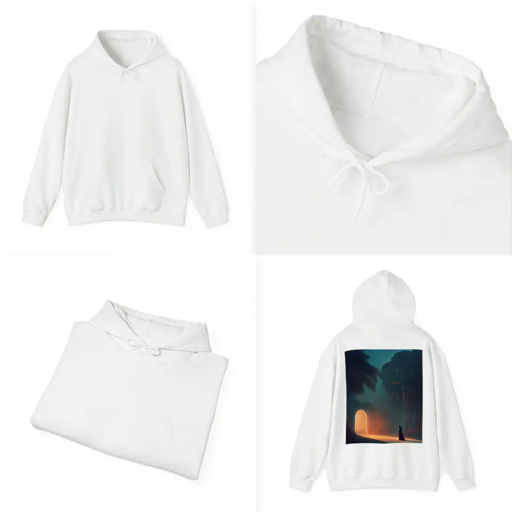Cloaked Figure Glowing Arch Tropical Night – Hoodies
