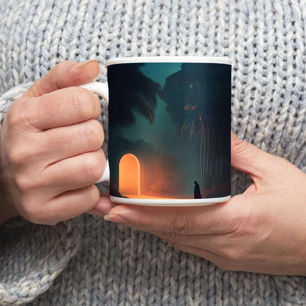 Cloaked Figure Glowing Arch Tropical Night – Mugs