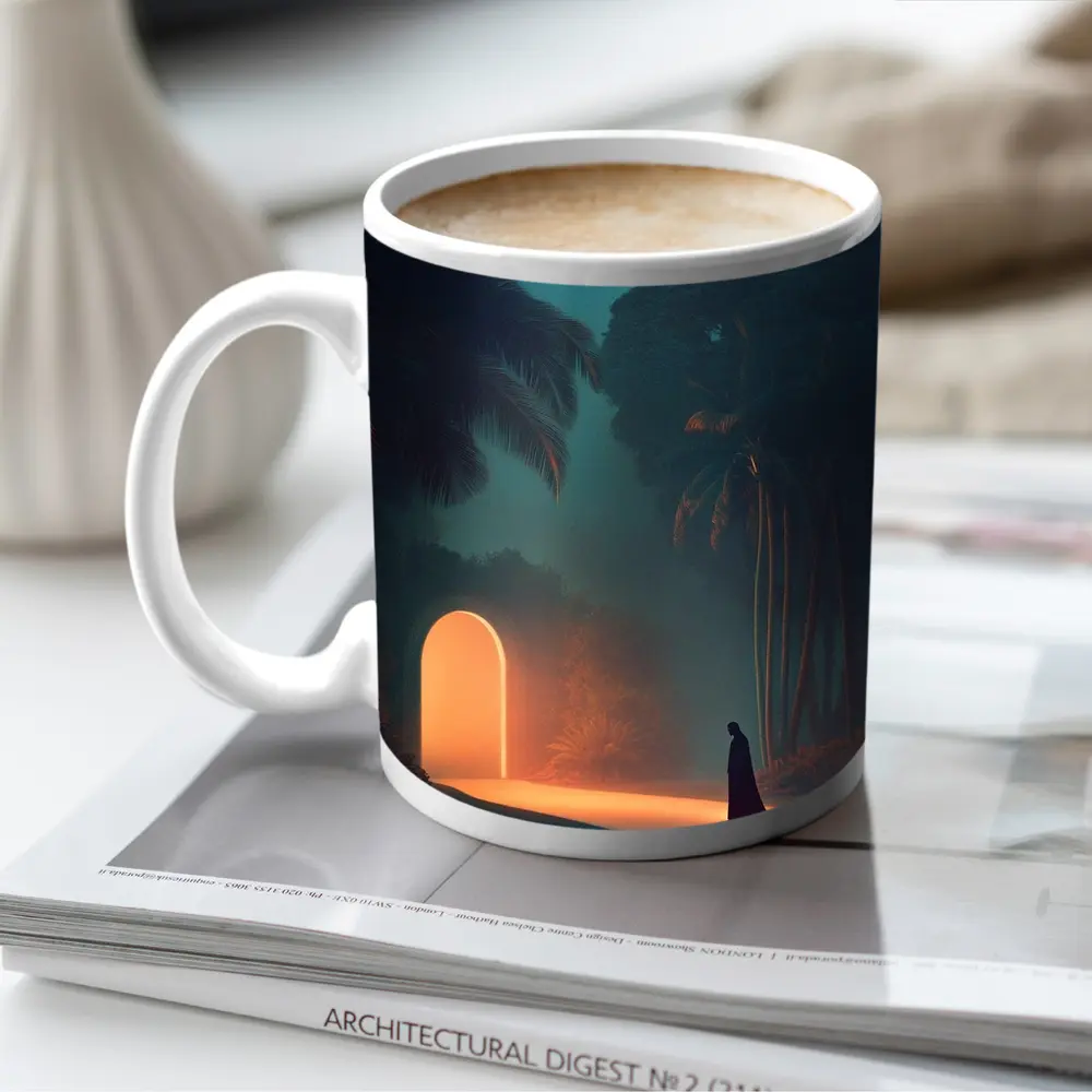 Cloaked Figure Glowing Arch Tropical Night – Mugs