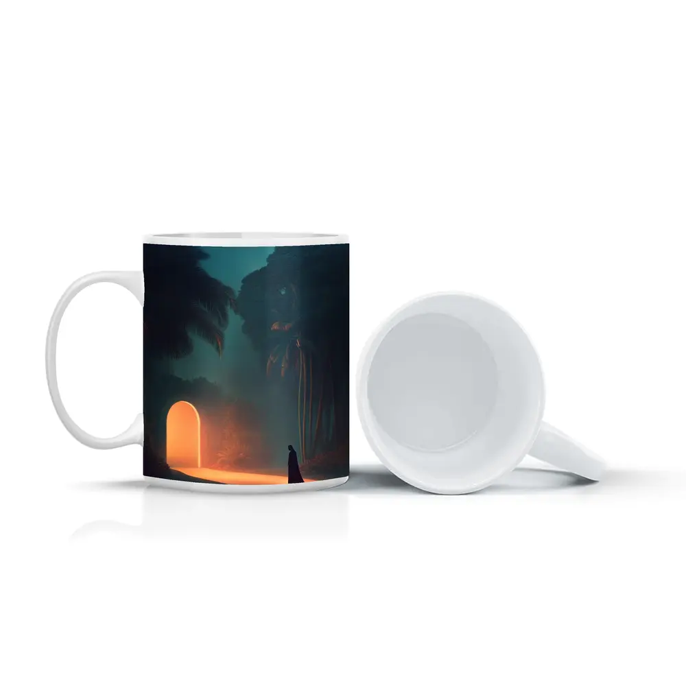 Cloaked Figure Glowing Arch Tropical Night – Mugs