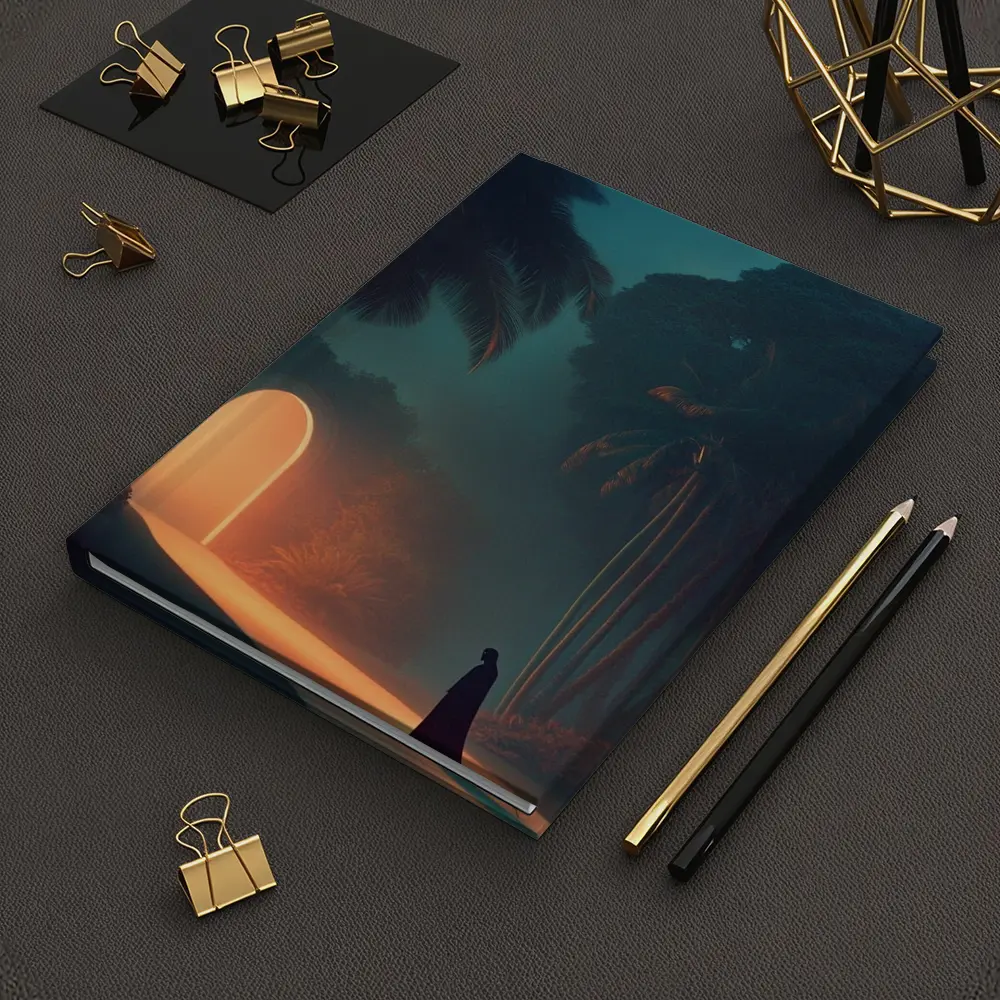 Cloaked Figure Glowing Arch Tropical Night – Notebooks