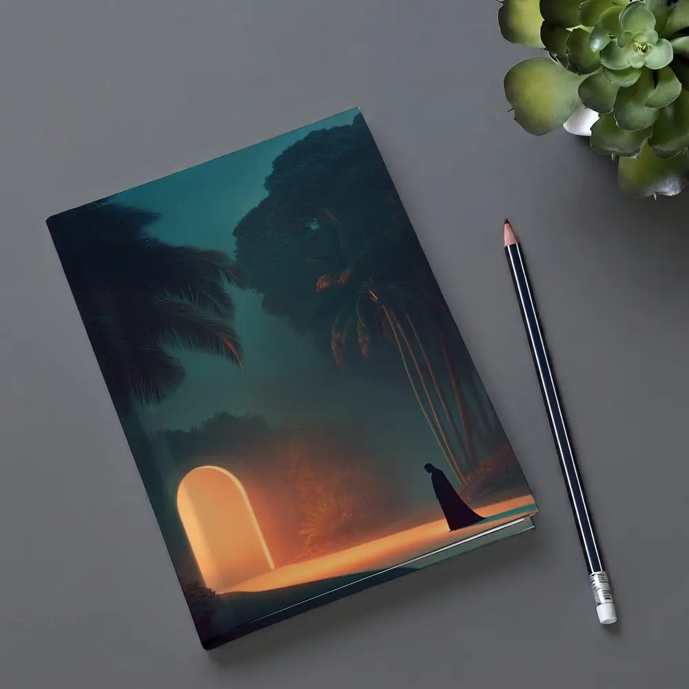 Cloaked Figure Glowing Arch Tropical Night – Notebooks