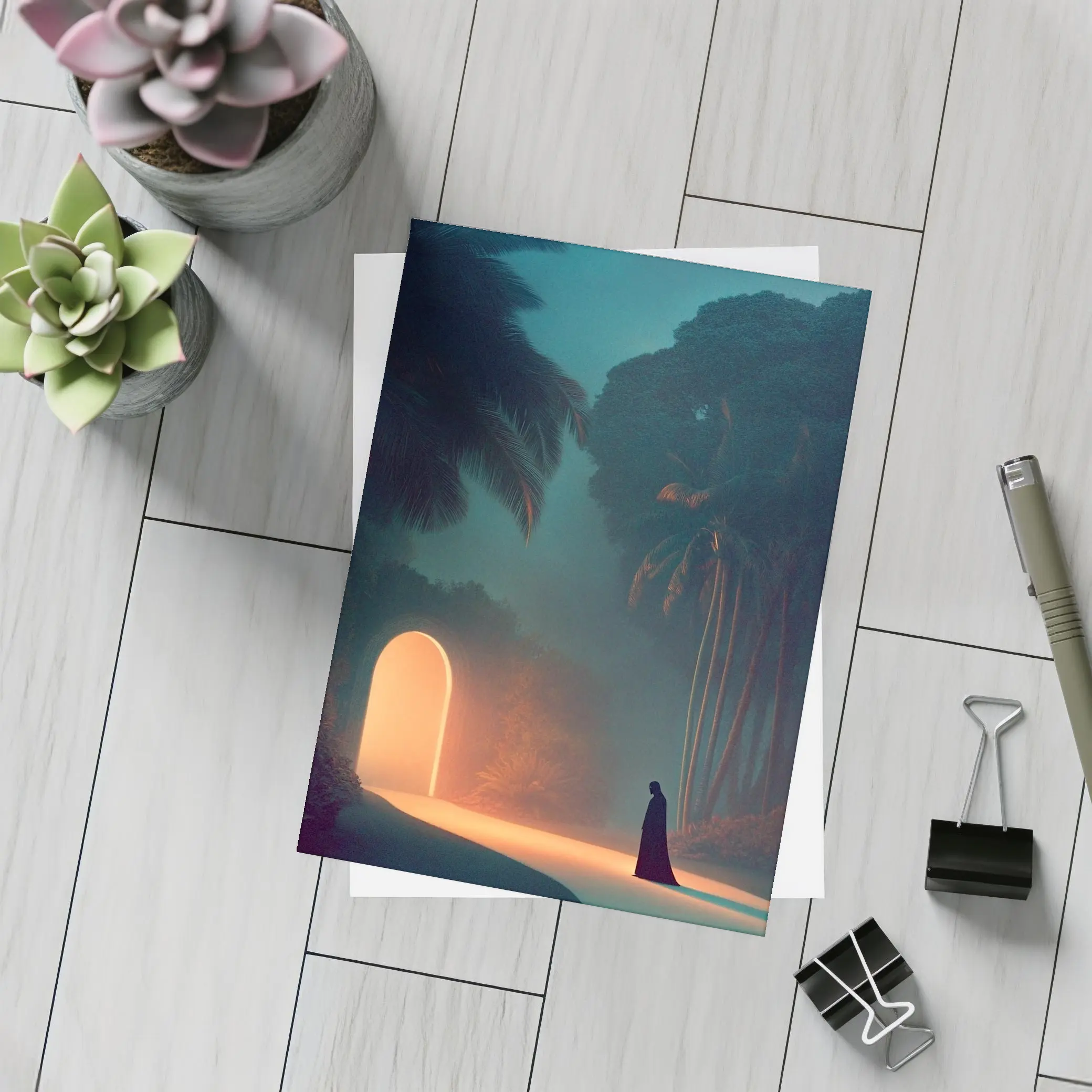 Cloaked Figure Glowing Arch Tropical Night – Postcards