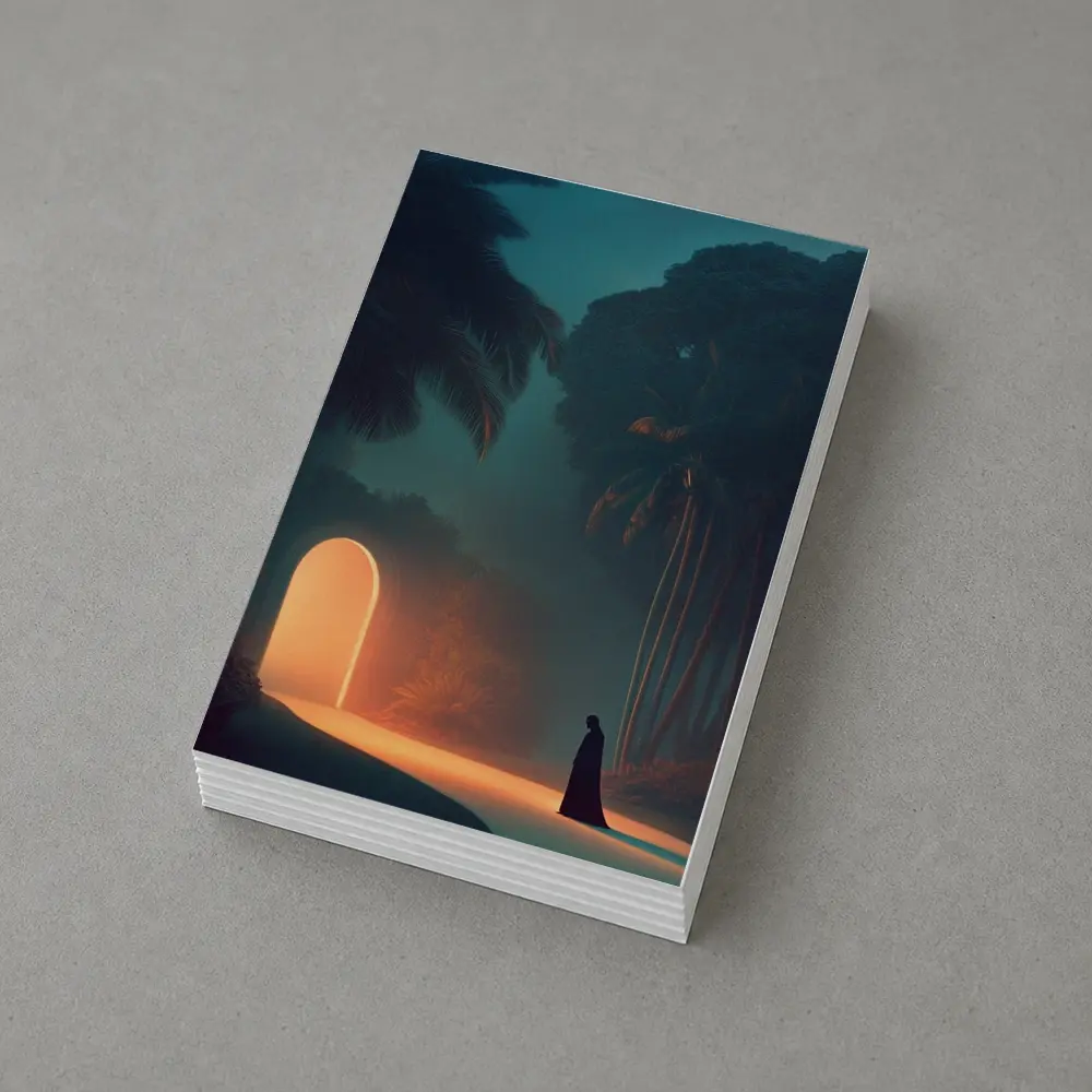 Cloaked Figure Glowing Arch Tropical Night – Postcards