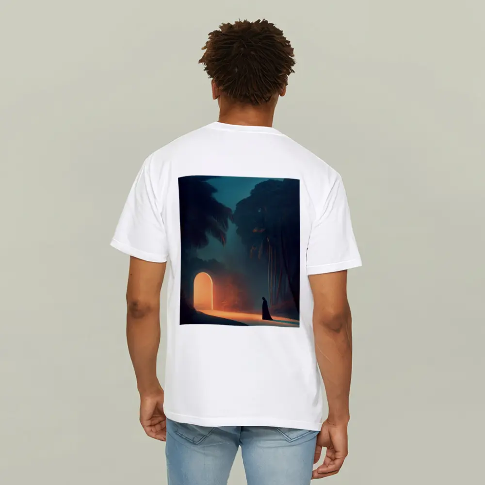 Cloaked Figure Glowing Arch Tropical Night – T-Shirts