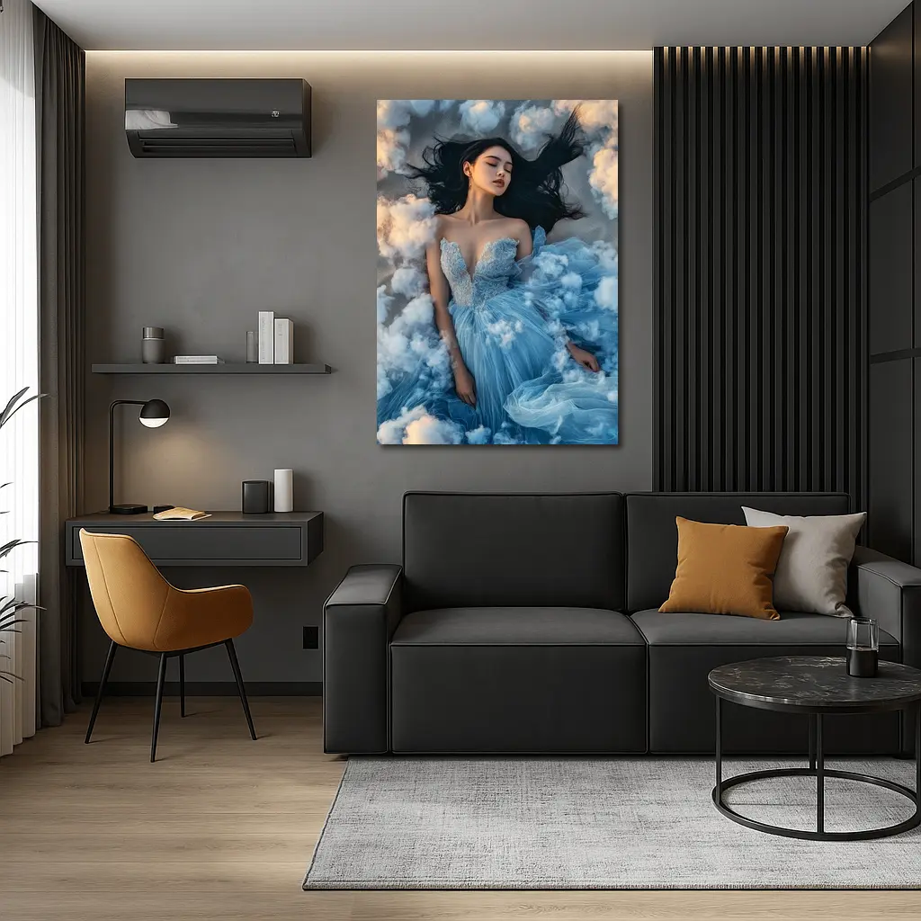 Woman Blue Dress Floating Among Clouds – Wall Art