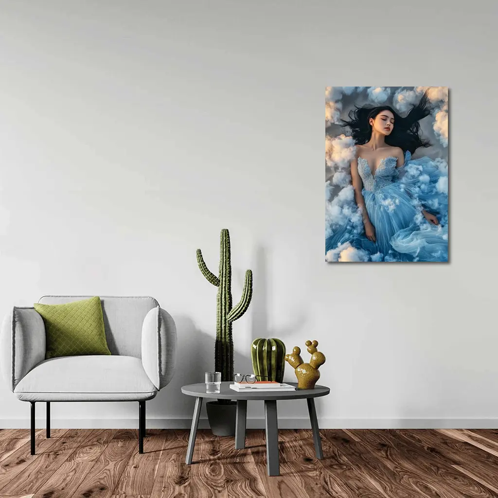 Woman Blue Dress Floating Among Clouds – Wall Art