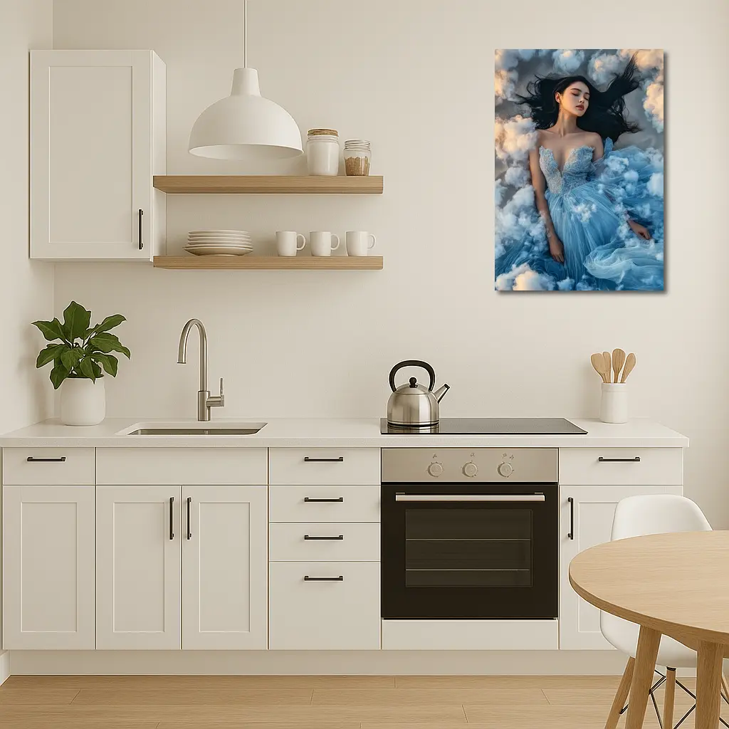 Woman Blue Dress Floating Among Clouds – Wall Art