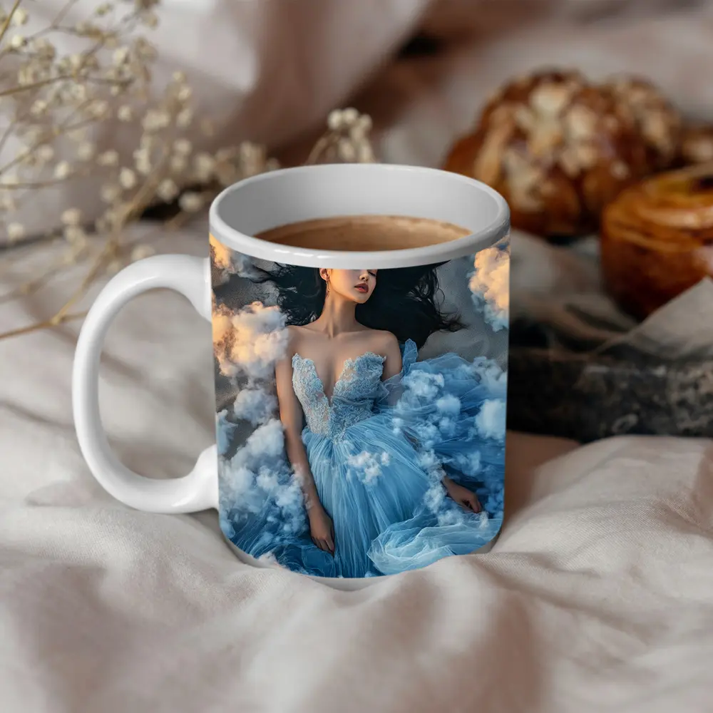 Woman Blue Dress Floating Among Clouds – Mugs